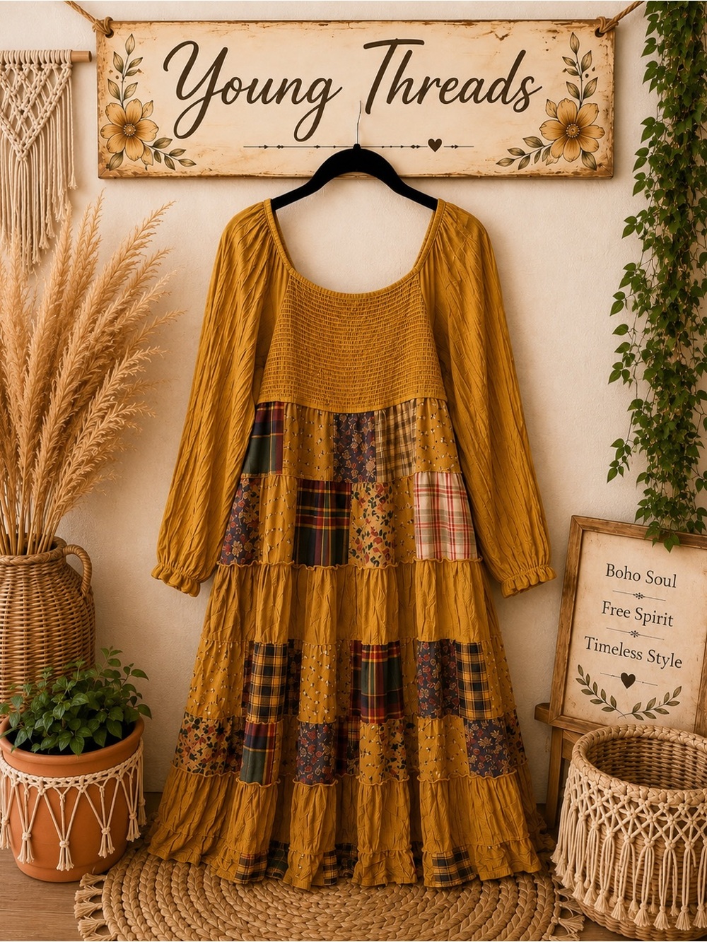 Young Threads Mustard Patchwork Tiered Maxi Dress - Long Sleeve